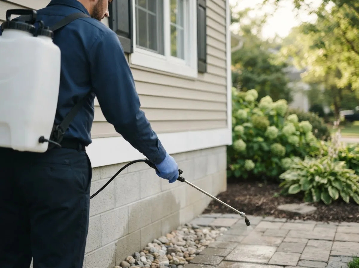 Pest control technician inspecting a home in Alloy, WV